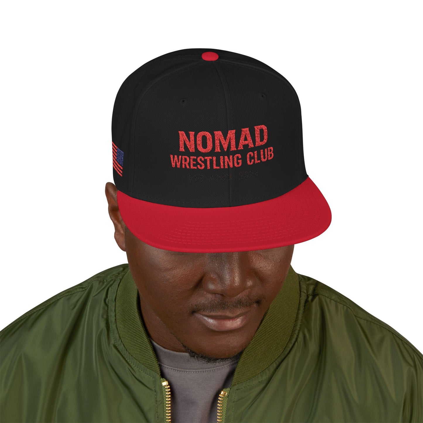 Embroidery Snapback Hat — "Nomad Coffee Club" Red Stitched Logo with Flag Accent