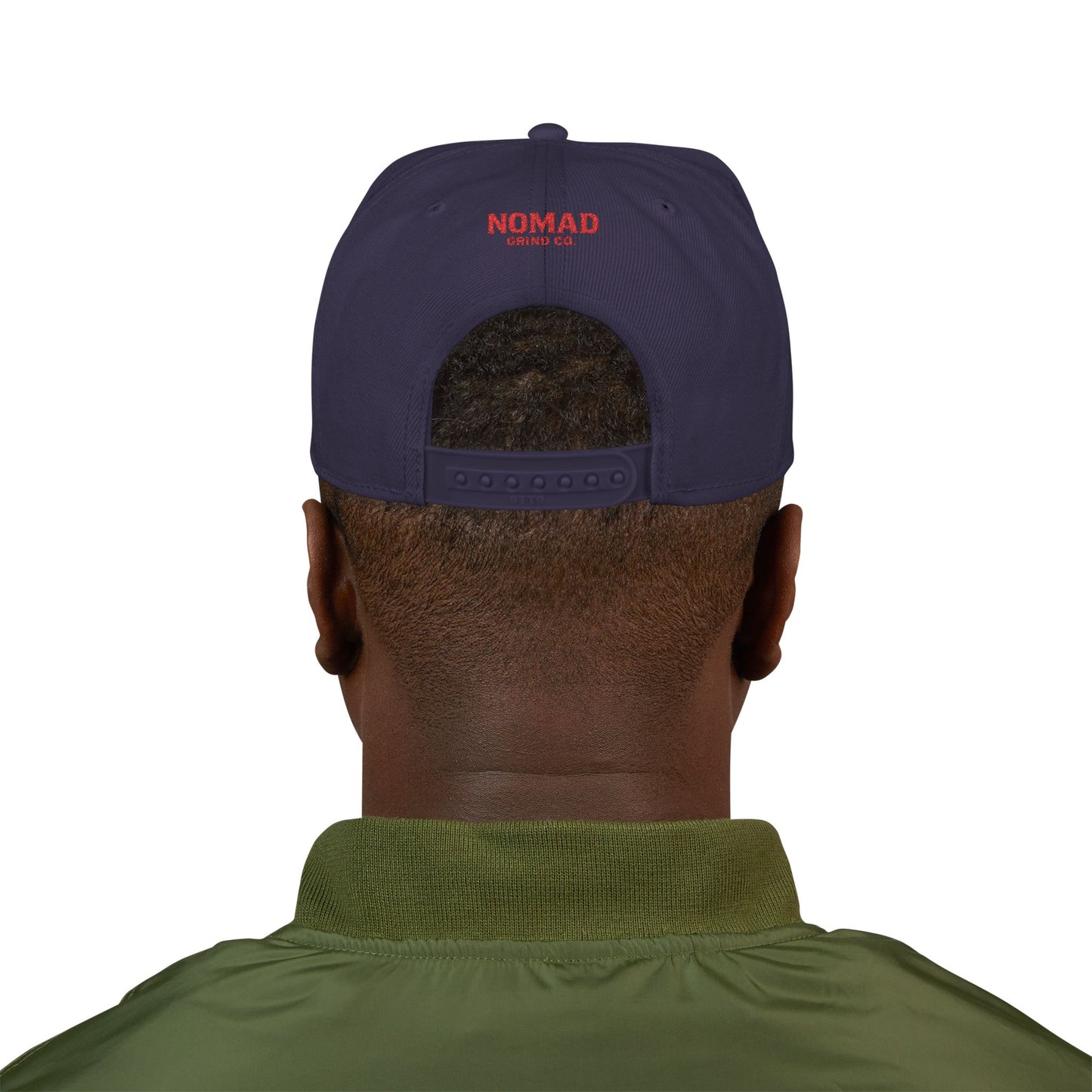 Embroidery Snapback Hat — "Nomad Coffee Club" Red Stitched Logo with Flag Accent