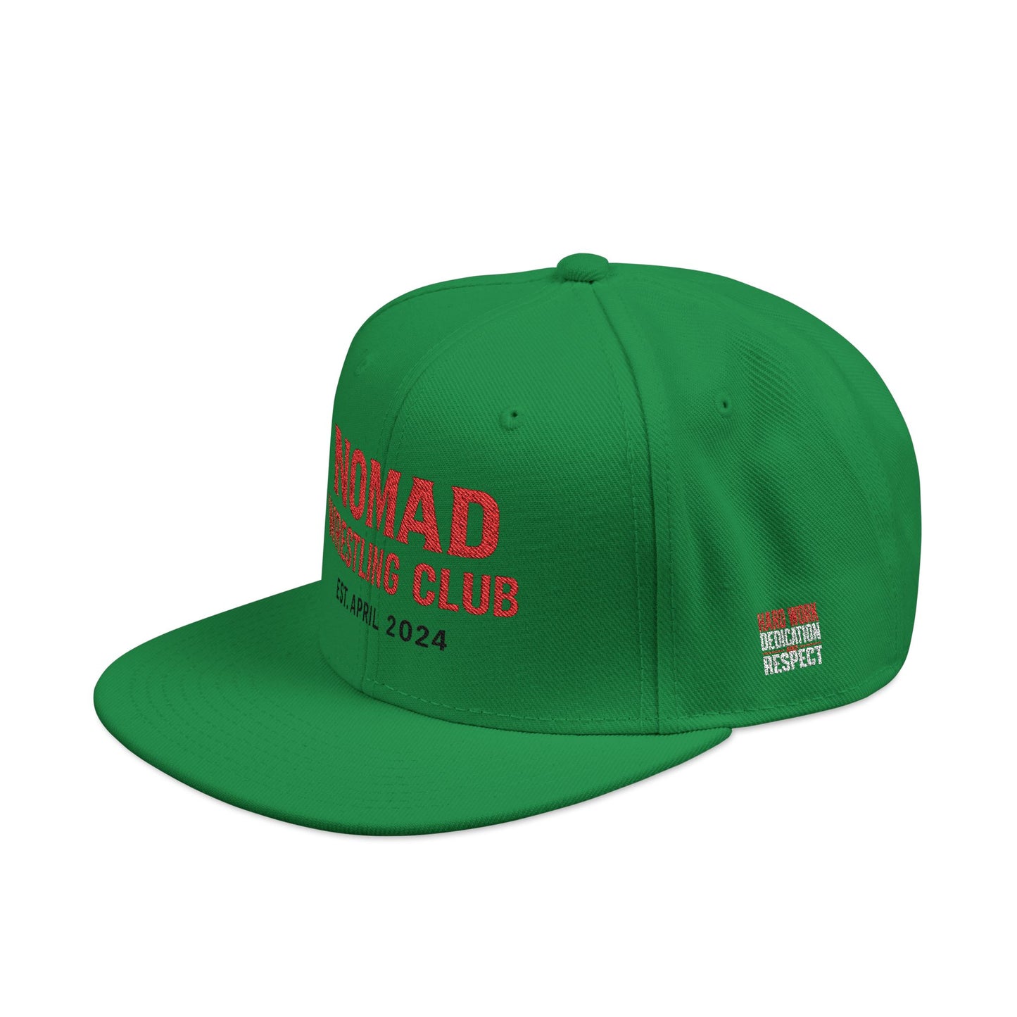 Embroidery Snapback Hat — "Nomad Coffee Club" Red Stitched Logo with Flag Accent