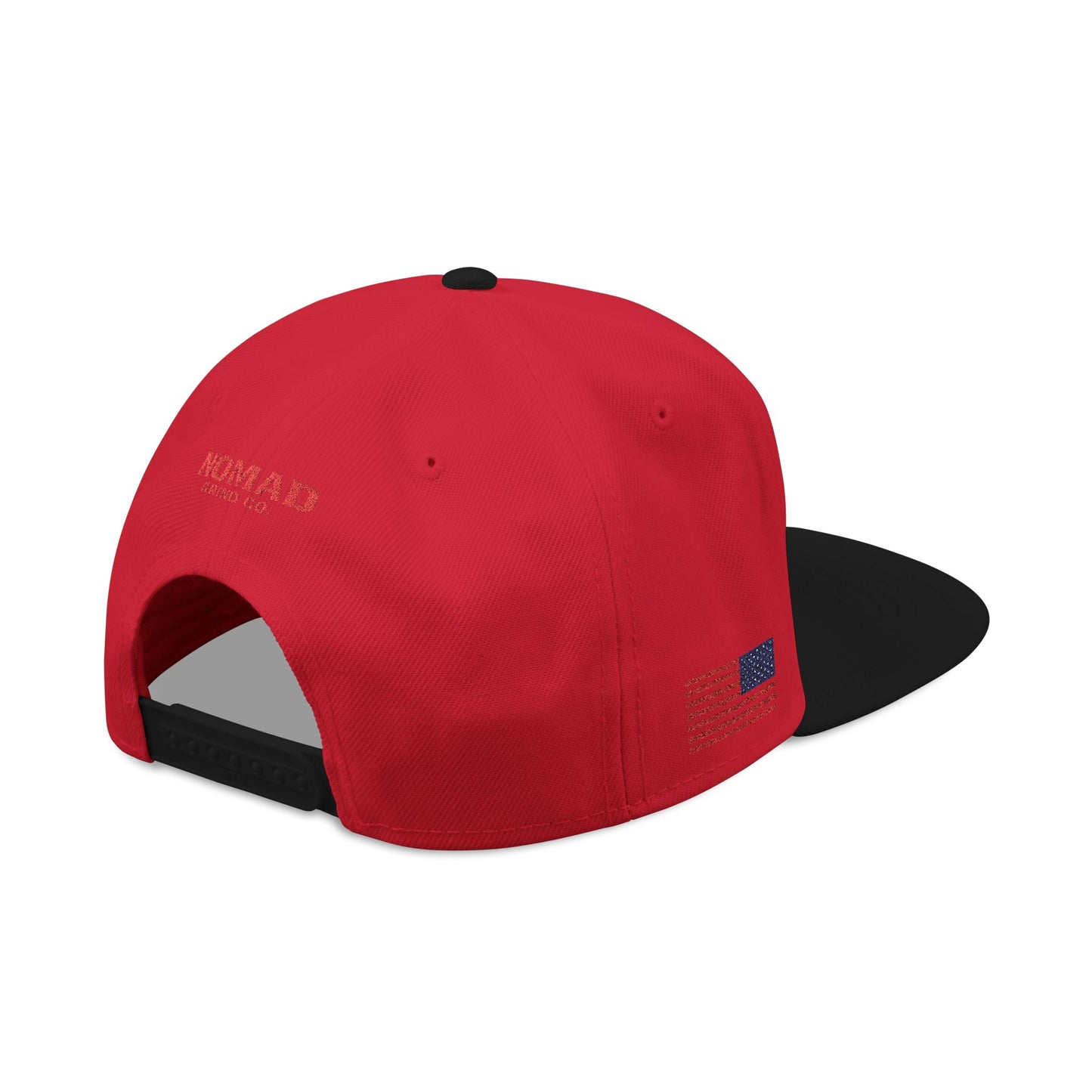 Embroidery Snapback Hat — "Nomad Coffee Club" Red Stitched Logo with Flag Accent