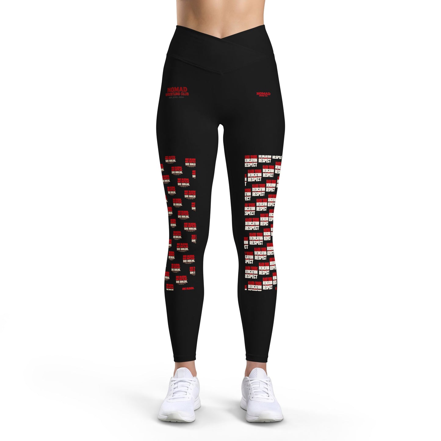 Embroidered Stripe Yoga Leggings — Red & White Distressed Panel Design
