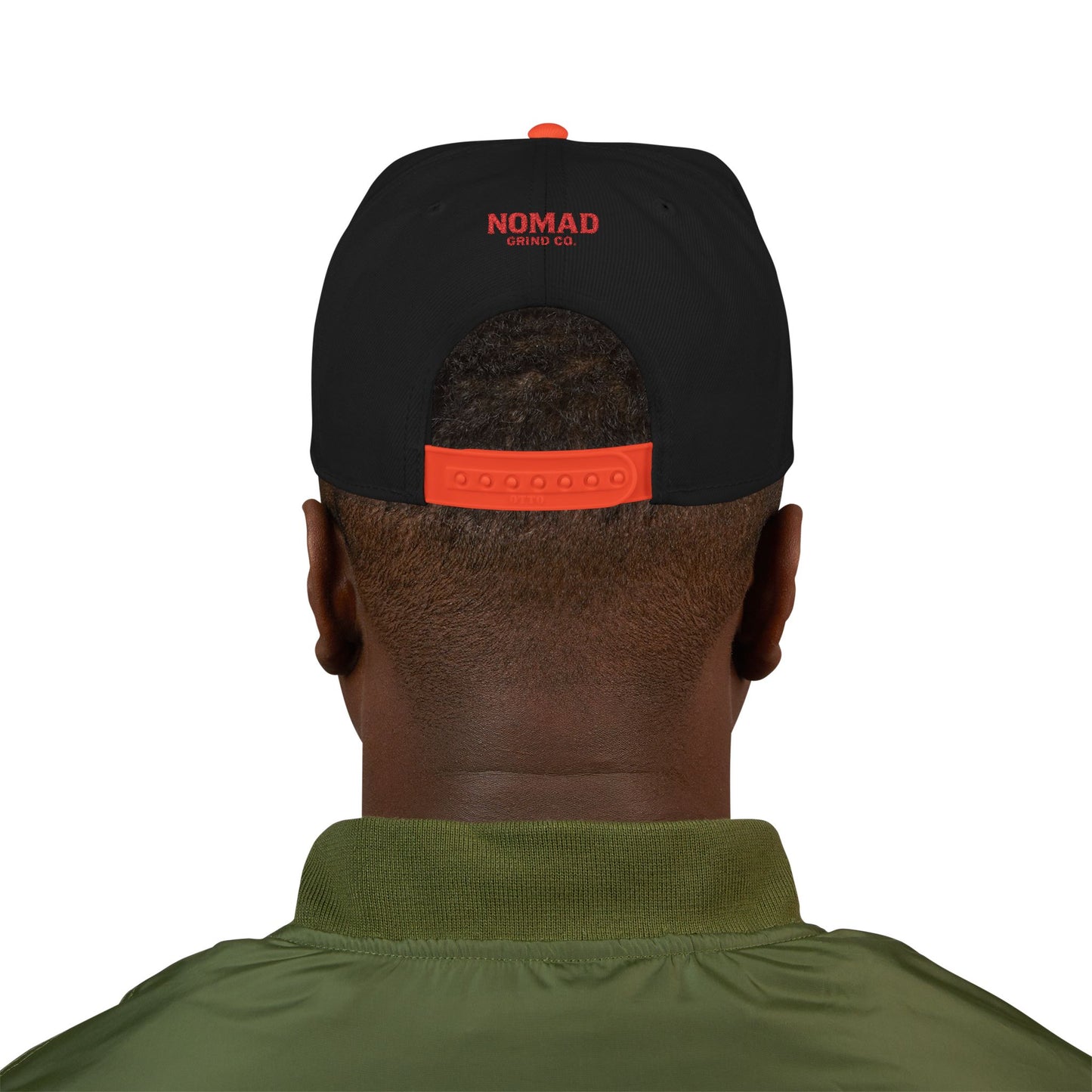 Embroidery Snapback Hat — "Nomad Coffee Club" Red Stitched Logo with Flag Accent