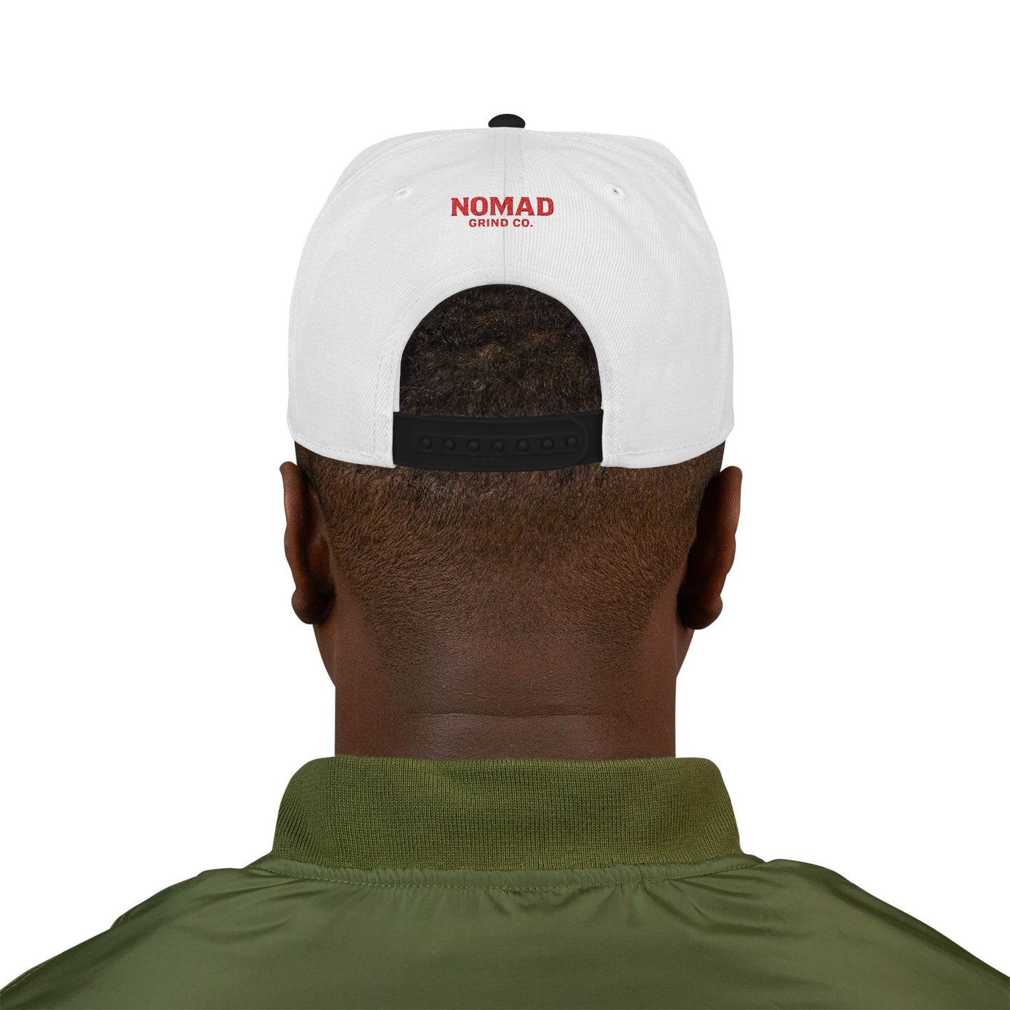 Embroidery Snapback Hat — "Nomad Coffee Club" Red Stitched Logo with Flag Accent