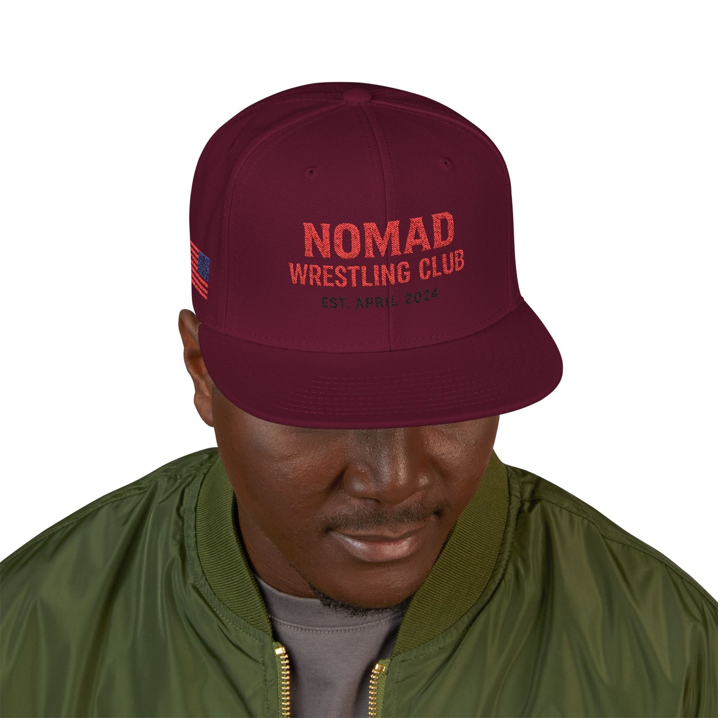 Embroidery Snapback Hat — "Nomad Coffee Club" Red Stitched Logo with Flag Accent