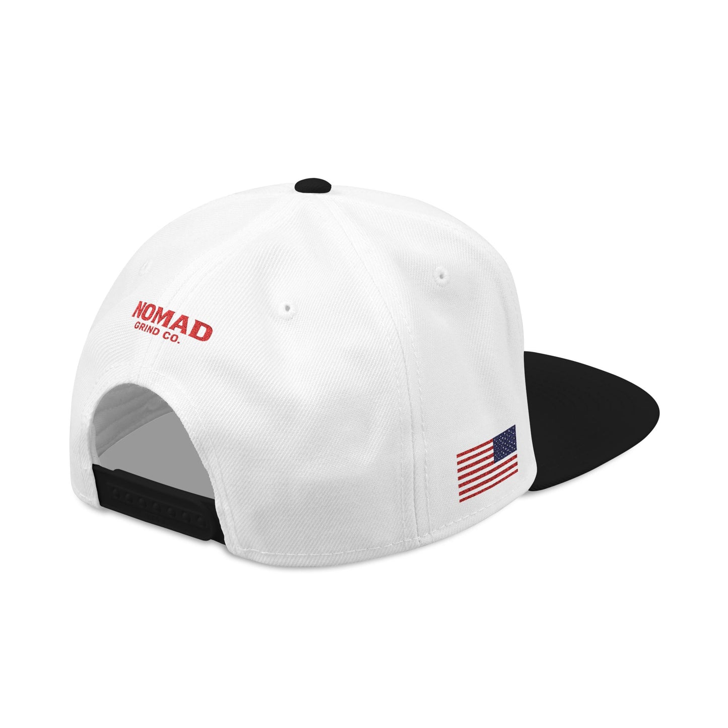 Embroidery Snapback Hat — "Nomad Coffee Club" Red Stitched Logo with Flag Accent