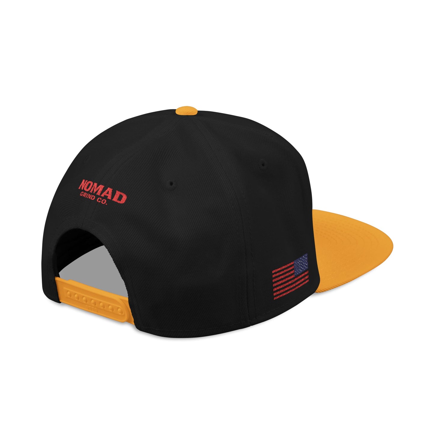 Embroidery Snapback Hat — "Nomad Coffee Club" Red Stitched Logo with Flag Accent