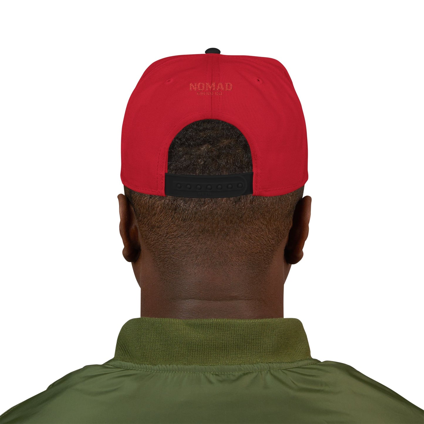 Embroidery Snapback Hat — "Nomad Coffee Club" Red Stitched Logo with Flag Accent