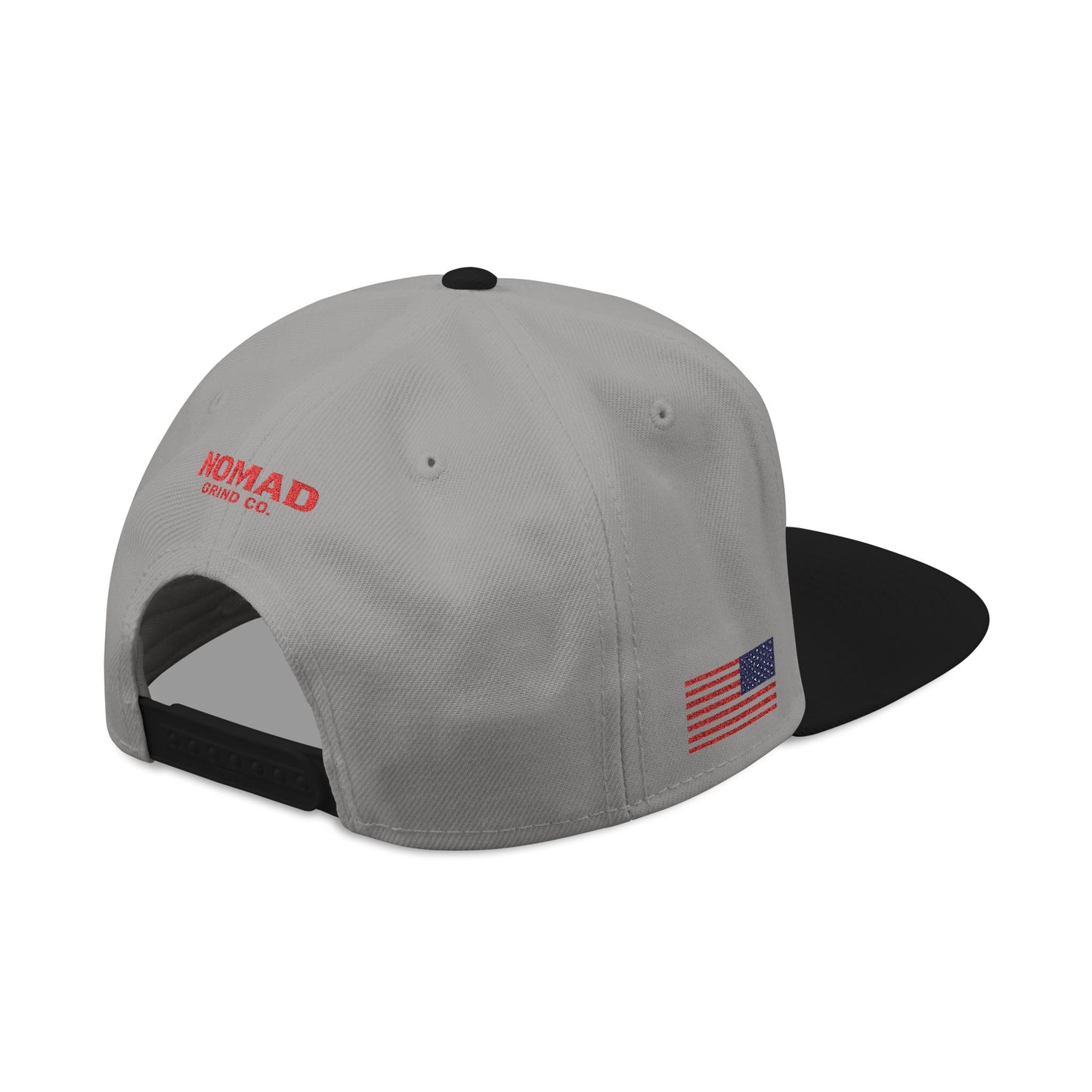 Embroidery Snapback Hat — "Nomad Coffee Club" Red Stitched Logo with Flag Accent
