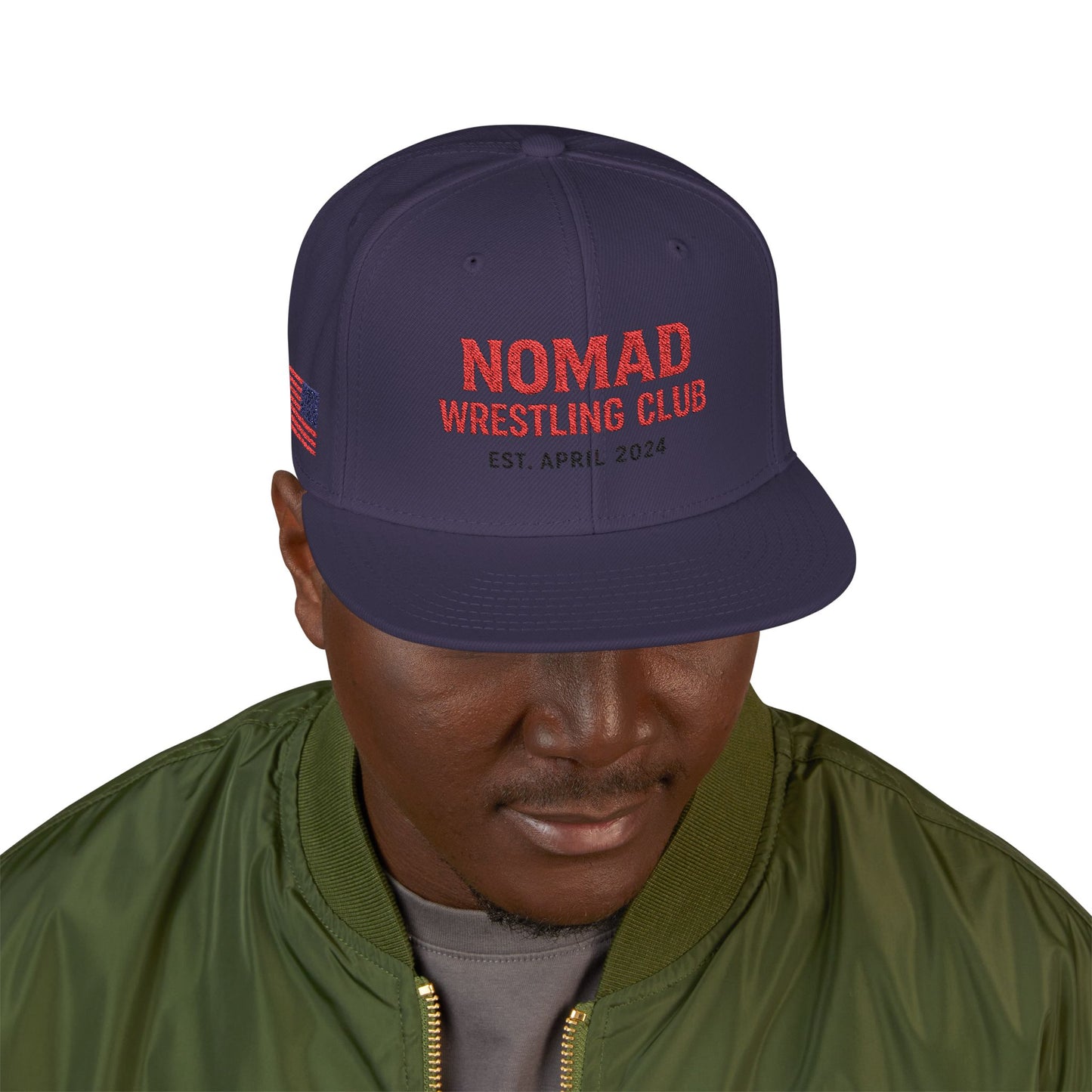 Embroidery Snapback Hat — "Nomad Coffee Club" Red Stitched Logo with Flag Accent