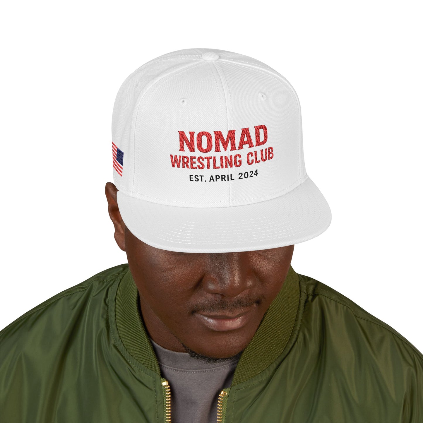 Embroidery Snapback Hat — "Nomad Coffee Club" Red Stitched Logo with Flag Accent