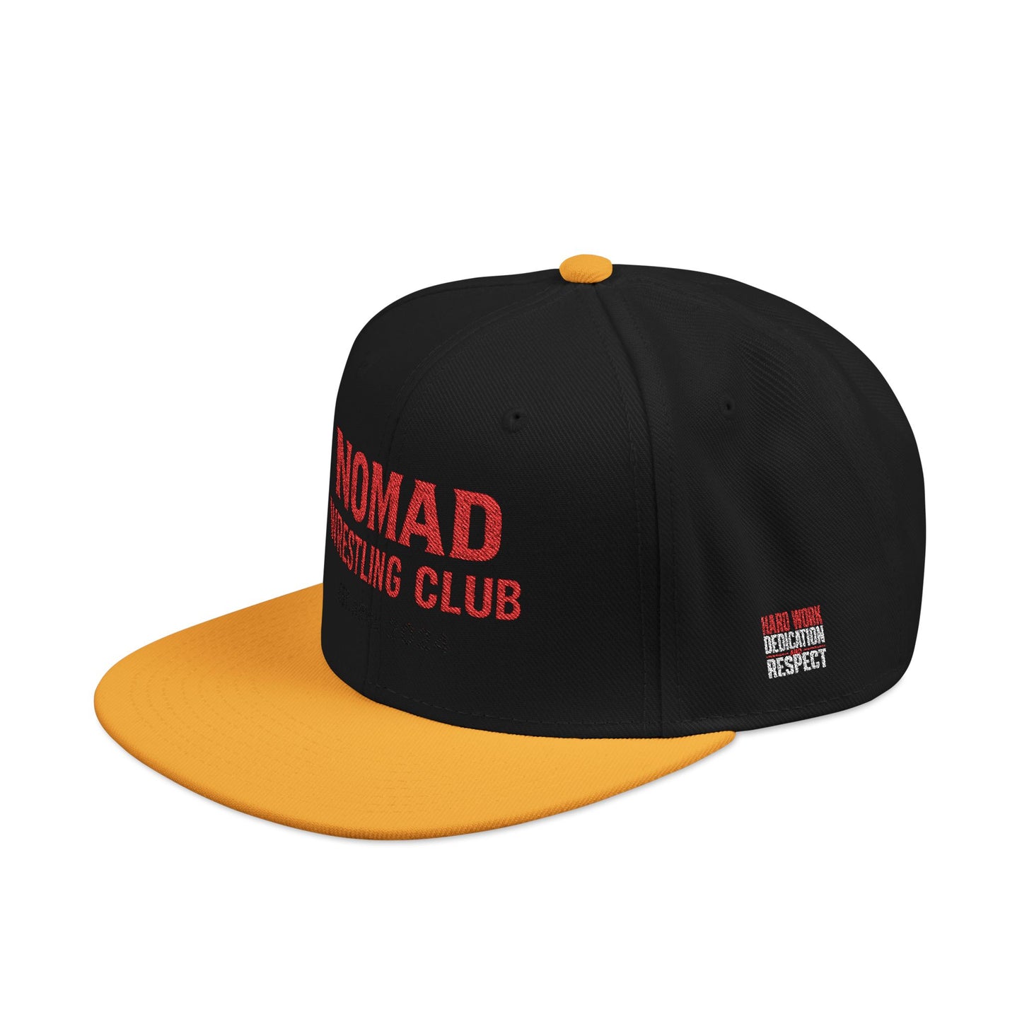 Embroidery Snapback Hat — "Nomad Coffee Club" Red Stitched Logo with Flag Accent