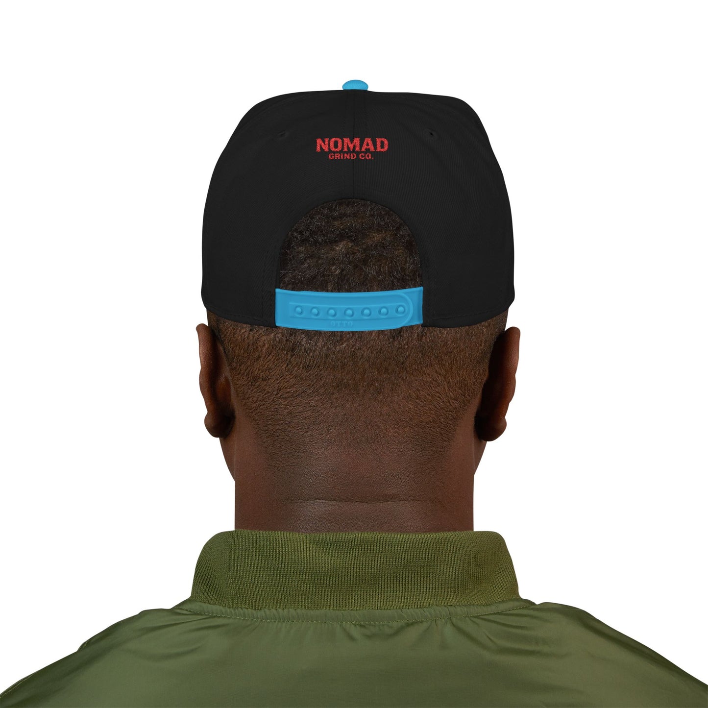 Embroidery Snapback Hat — "Nomad Coffee Club" Red Stitched Logo with Flag Accent