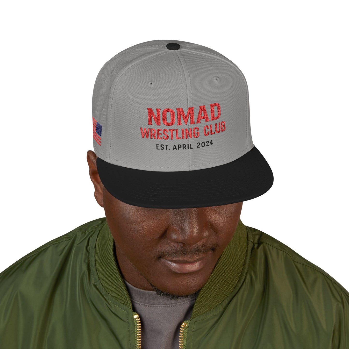 Embroidery Snapback Hat — "Nomad Coffee Club" Red Stitched Logo with Flag Accent