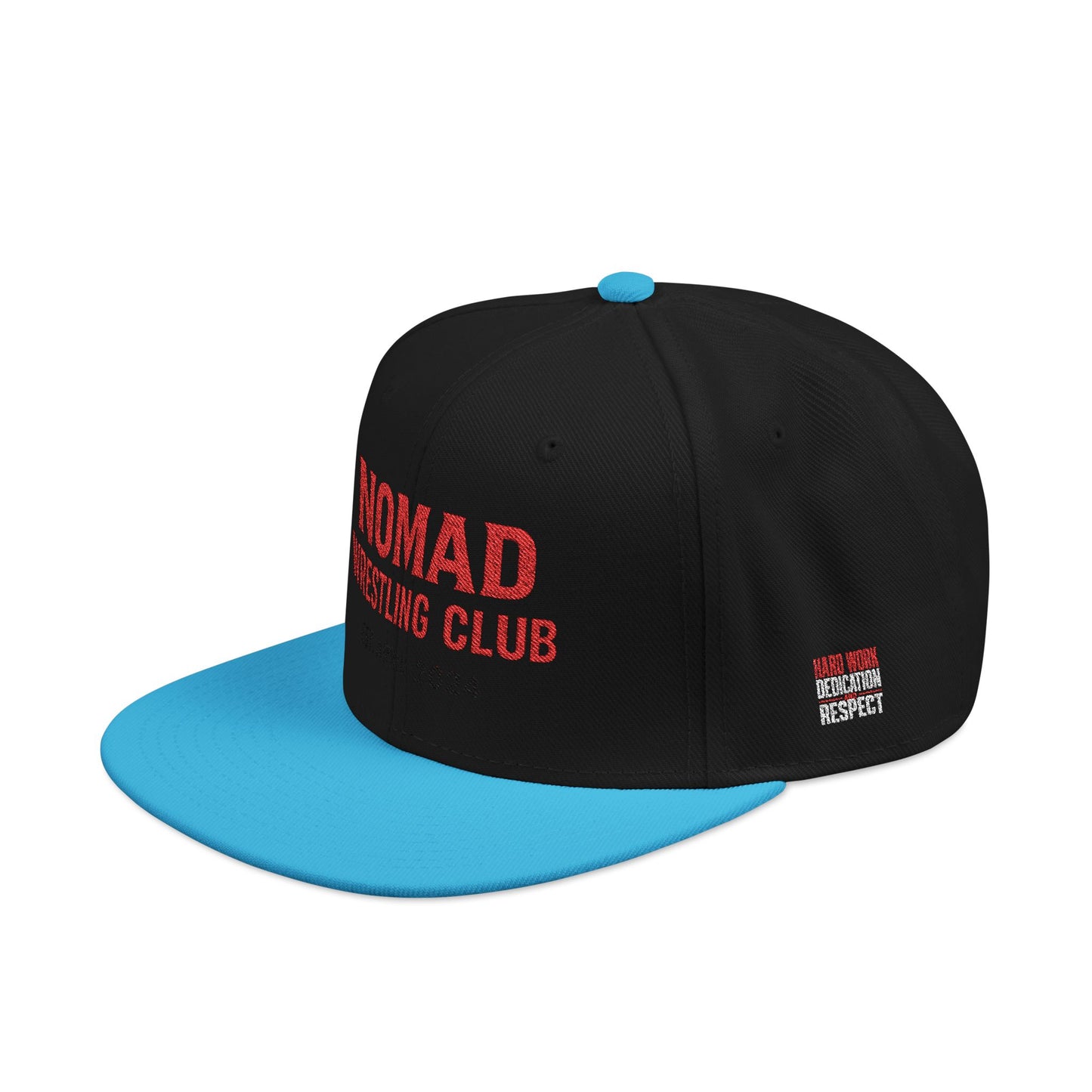 Embroidery Snapback Hat — "Nomad Coffee Club" Red Stitched Logo with Flag Accent