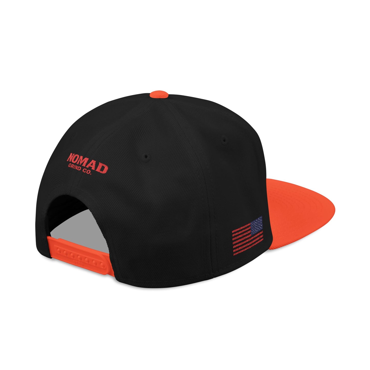 Embroidery Snapback Hat — "Nomad Coffee Club" Red Stitched Logo with Flag Accent