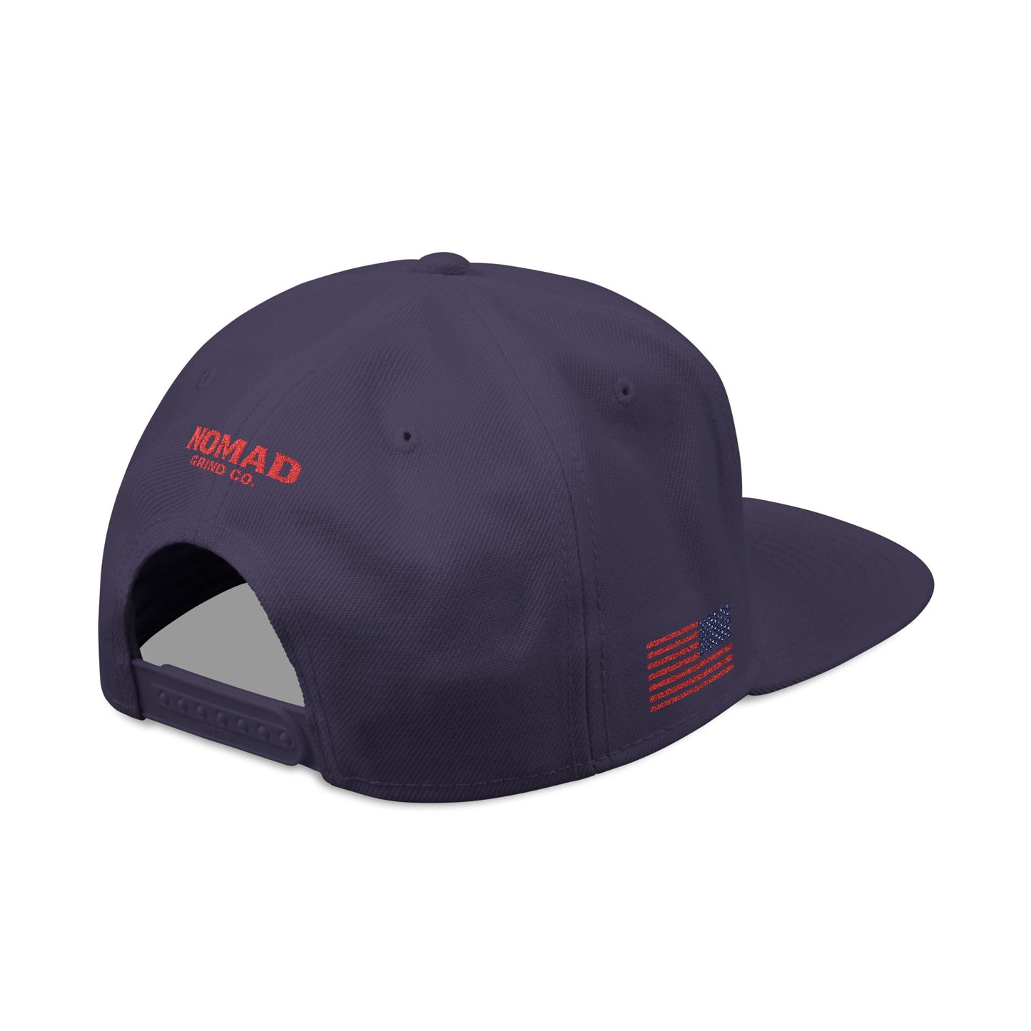 Embroidery Snapback Hat — "Nomad Coffee Club" Red Stitched Logo with Flag Accent