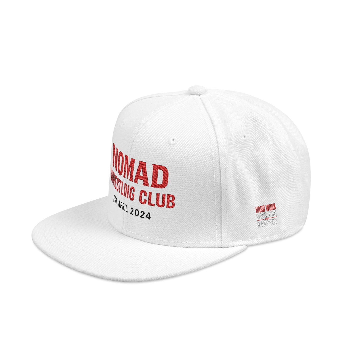 Embroidery Snapback Hat — "Nomad Coffee Club" Red Stitched Logo with Flag Accent