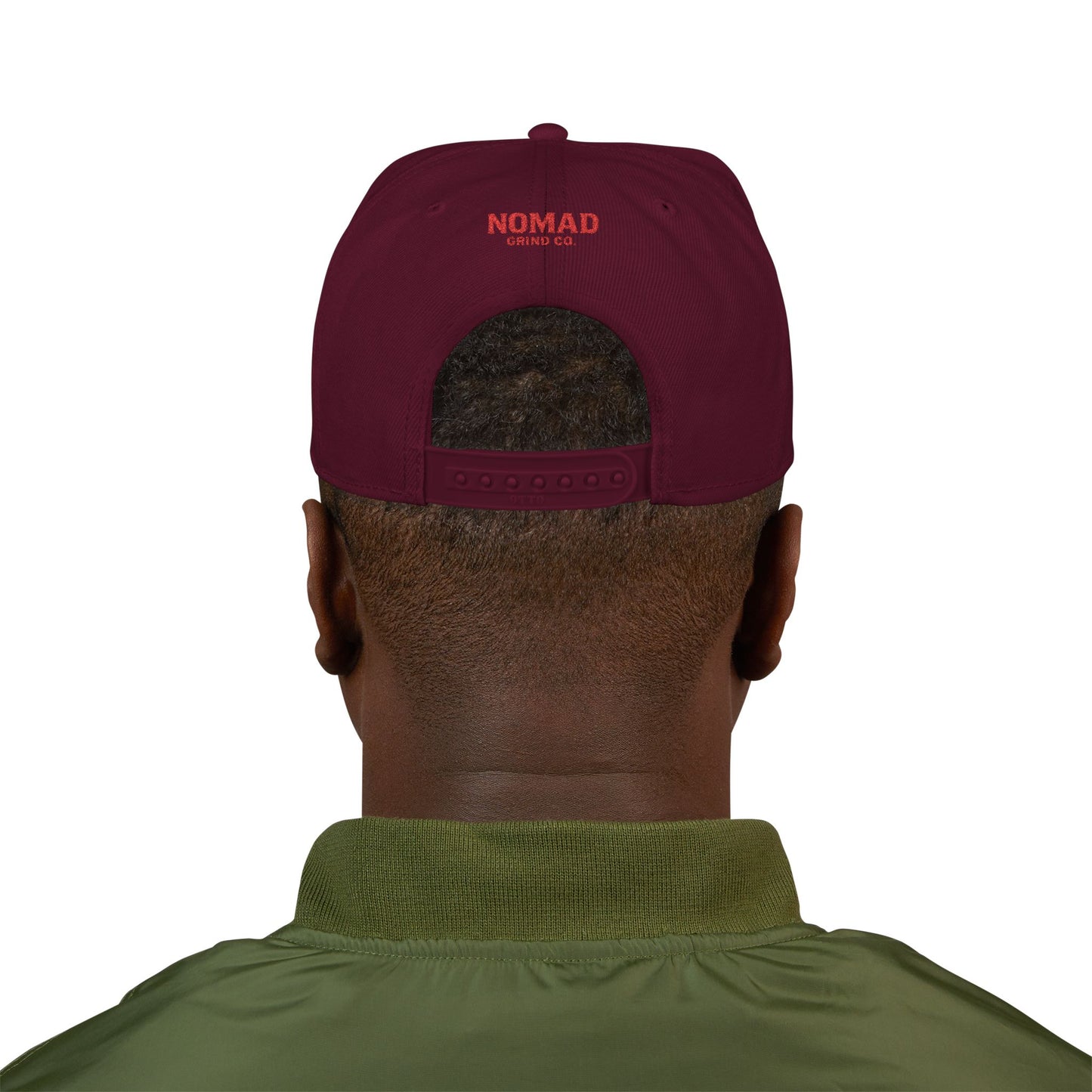 Embroidery Snapback Hat — "Nomad Coffee Club" Red Stitched Logo with Flag Accent
