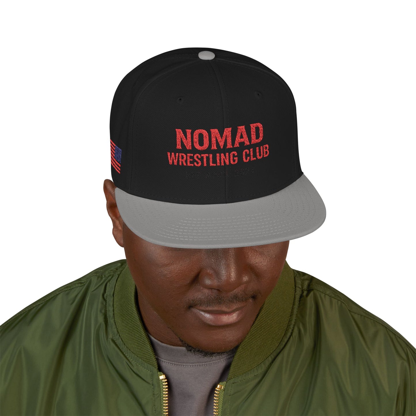 Embroidery Snapback Hat — "Nomad Coffee Club" Red Stitched Logo with Flag Accent